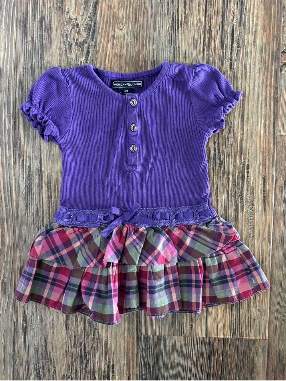 American Living Baby Dress 6 Months Purple Ribbed Bodice Plaid Ruffle Bow Ribbon
